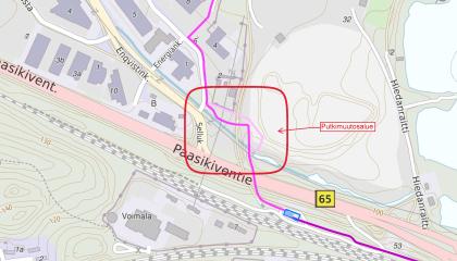 Hiedanrannan putkityön alue kartalla.