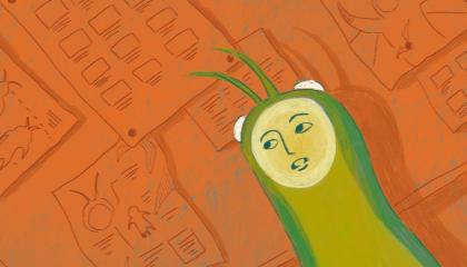 Animoitu vihreä olento oranssilla taustalla.