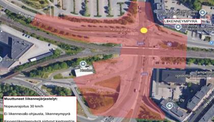 Viinikankadun työmaa-alue ja työnaikainen liikenneympyrä kartalla.