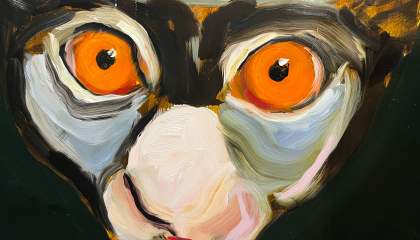 Yksityiskohta Ilona Niemen maalauksesta Kolme sulotarta: maki, jolla on oranssit silmät.