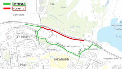 Karttakuvassa suljettava työmaa-alue punaisella ja kiertoreitti vihreällä.