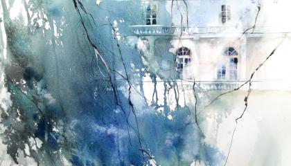 Akvarellimaalauksessa näkyy taustalla haaleana ikkunoita, joita peittää sinivihreä väri.