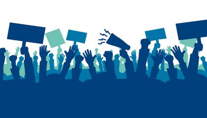 Silhuetti mielenosoittajista (piirroskuva). 