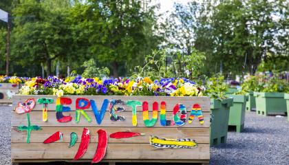 A wooden plant growing box with colourful letters saying &quot;Tervetuloa&quot;.
