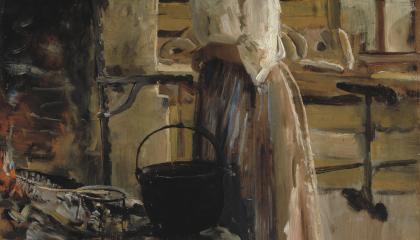 Vanha maalaus, jossa vaaleapaitainen nainen nojaa tulisijan kylkeen hirsituvassa. Tulisijassa pata ja kala paistumassa vartaassa.