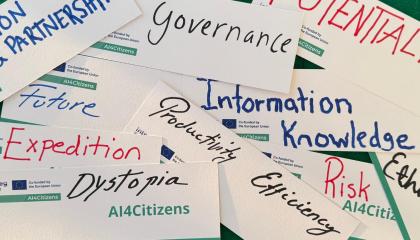 Eri käsialoilla kirjoitettuja vastauslappuja sikin sokin. Lapuissa englanninkielisiä tekoälyyn ja tulevaisuuteen liittyviä termejä.