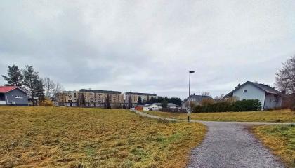 Puistokäytavä avoimelle viheralueella, kauempana omakotitaloja ja kerrostaloja.