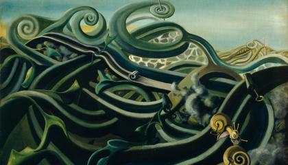 Surrealistinen tummasävyinen maalaus.