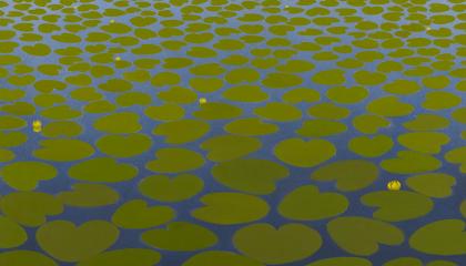 Yksityiskohta maalauksesta, jossa ruohonvihreät lumpeenlehdet täyttävät koko merenpinnan ja jatkuvat pienentyen horisonttiin asti. Lehtien lomassa on harvakseltaan keltaisia lumpeenkukkia, ja alta pilkottaa tummansininen vesi. 