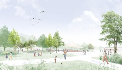 Kesäisen vihreää puistomaisemaa, ihmisiä poluilla.