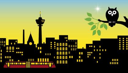 Museoiden yön juliste, jossa kaupunkisiluetti ja ratikka.