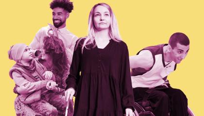 Keltaisella taustalla oleva kuvakollaasi, jossa on viisi henkilöä. Heistä kaikilla on jokin vamma.