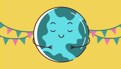 Piiroskuvassa on vienosti hymyilevä maapallo, jota kehystävät viirinauhat.