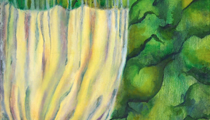 Verhoa ja vihreää kasvustoa esittävä maalaus.