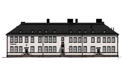 Arkkitehdin piirtämä suunnitelmakuva koulurakennuksesta, joka on vanhanaikainen puurakennus.