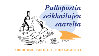 Kirjoituskilpailun tunnuksessa Muumimamma lukee Muumipapalta saapunutta pullopostia Muumipeikolle ja Nipsulle.