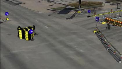 Satakunnankadun ja Aleksis Kiven kadun risteyksen väliaikainen liikenneympyrä havainnekuvassa.