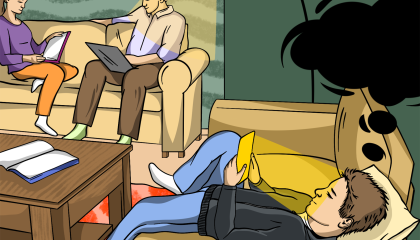 Piirroskuva, jossa kolme eri-ikäistä henkilöä lukee sohvalla.