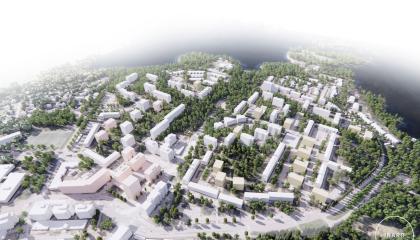 Ilmakuvassa kaupungiosaa ja siihen tulevia uusia rakennuksia.