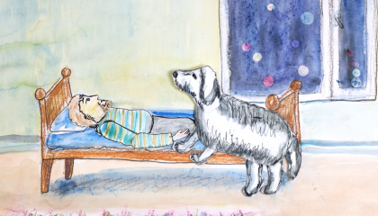 Piirroskuvassa koira on hyppäämässä miehen viereen sänkyyn.