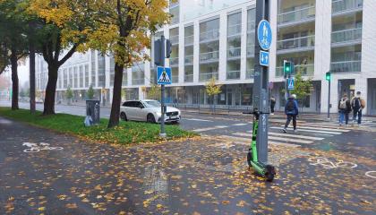 Syksyn pudonneita lehtiä kävely- ja pyörätiellä ja jalankulkijoita ylittämässä suojatietä.