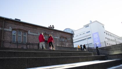 Mies ja nainen seisovat Tullin alueen rappusilla.