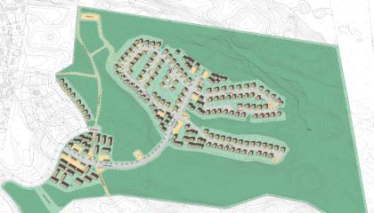 Vihreällä alueella talojen ja teiden hahmoja.