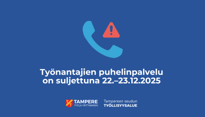 Kuvassa on puhelimen luuri ja vieressä punainen kolmio, jonka sisällä on huutomerkki. Tekstissä lukee Työnantajien puhelinpalvelu on suljettuna 22.-23.12.2025.