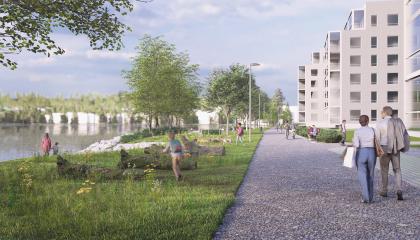 Asukkaita kävelemässä ja oleskelemassa Tohlopinrannan rantapuistossa havainnekuvassa.