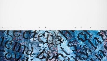 Abstrakti kuva, jossa tekstiä ja ihmishahmoja.