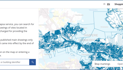 Tapsa sales service homepage showing a map of Tampere.