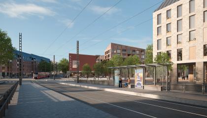 Kuvassa katunäkymää Vuoreksen puistokadulta, jossa hahmoteltu raitiotietä. Kuva: Tampereen kaupunki ja Luo Arkkitehdit Oy