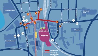 Kartta, missä näkyy katuosuudet, joilla tapahtuu liikennemuutoksia.