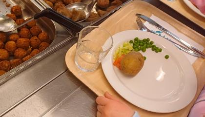 Pastellivärein liukuvärjättyyn huppariin pukeutunut lapsi on ottamassa lihapullia lautaselleen linjastossa.