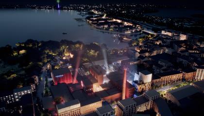 Yöllinen havainnekuva Hiedanrannan Tehtaan kulttuurikokonaisuudesta.