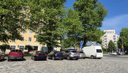 Pyynikintorin nupukivinen parkkipaikka isojen puiden edessä kesällä.