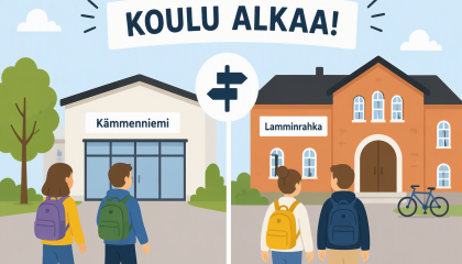 koulu alkaa, kaksi eri koulua, oppilaat menossa kouluun