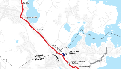 Karttakuva Lielahti-Ylöjärven raitiotiereitin suunnitelmasta.