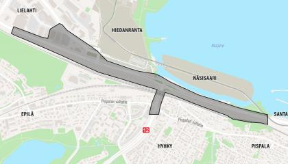 Karttakuvassa näkyy suunnittelualue rajattuna Lielahdenkatuun ja Rosenlewin ratasiltaan. Mukana on myös Vaitinaron liittymä.