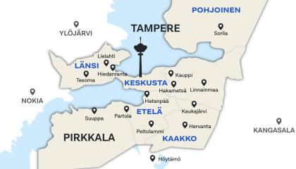 Tyylitelty karttakuva Tampereesta ja ympäristökunnista