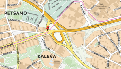 Teiskontien raitiotien ylityskohdan karttakuva.