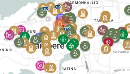 Julkisen taiteen sijainnista kertovia karttapisteitä Tampereen kaupungin kartalla.