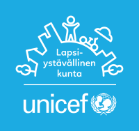 Unicef's Child Friendly City logo features an arc with the figure of a child in the middle of the city. Below it is the text Child Friendly City in Finnish. Below the image is the Unicef name and logo.