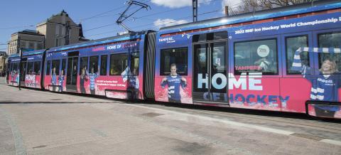 Home of Hockey themed tram in the center of Tampere.
