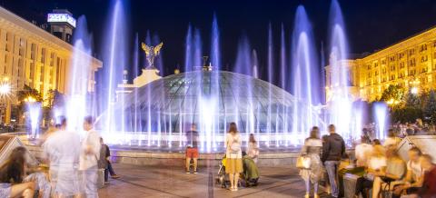 Illuminated fountain in the centre of Kyiv.