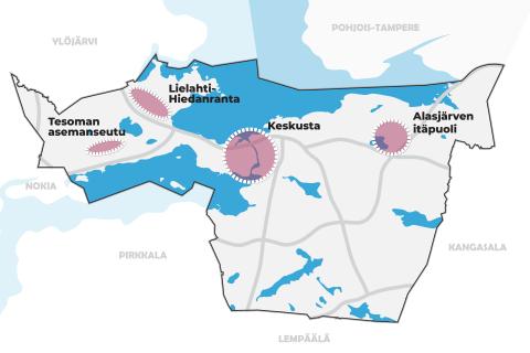Kantakaupungin vaiheyleiskaavan 2021-2025 alue rajautuu pohjoisessa Näsijärveen ja Näsijärven Hangaslahdesta alkaen valtatie 9:ään ja muissa suunnissa naapurikuntiin: Kangasalaan, Lempäälään, Pirkkalaan, Nokiaan ja Ylöjärveen.