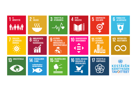 Kuvassa esitetään kaikki YK:n kestävän kehityksen 17 tavoitetta erivärisinä laatikoina.