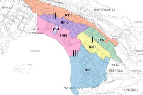 Kartassa on esitetty Pispalan 1, 2 ja 3 vaiheiden asemakaavojen alue-rajaukset.