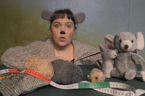 Adult is dressed up like a mouse and tells story with soft toys.