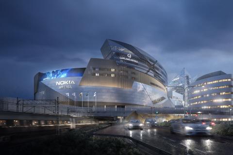 Nokia Arena iltavalaistuksessa.